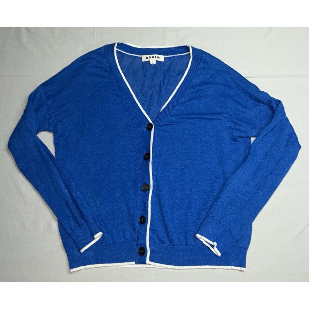 Boden Blue Liv V-Neck 100% Linen Cardigan Preppy Collegiate Size Small